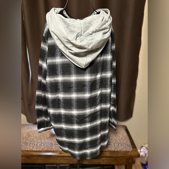 Womens Hooded Plaid Shirt Long Sleeve Button Down Jacket Shacket Loose Hoodie - Picture 4 of 5